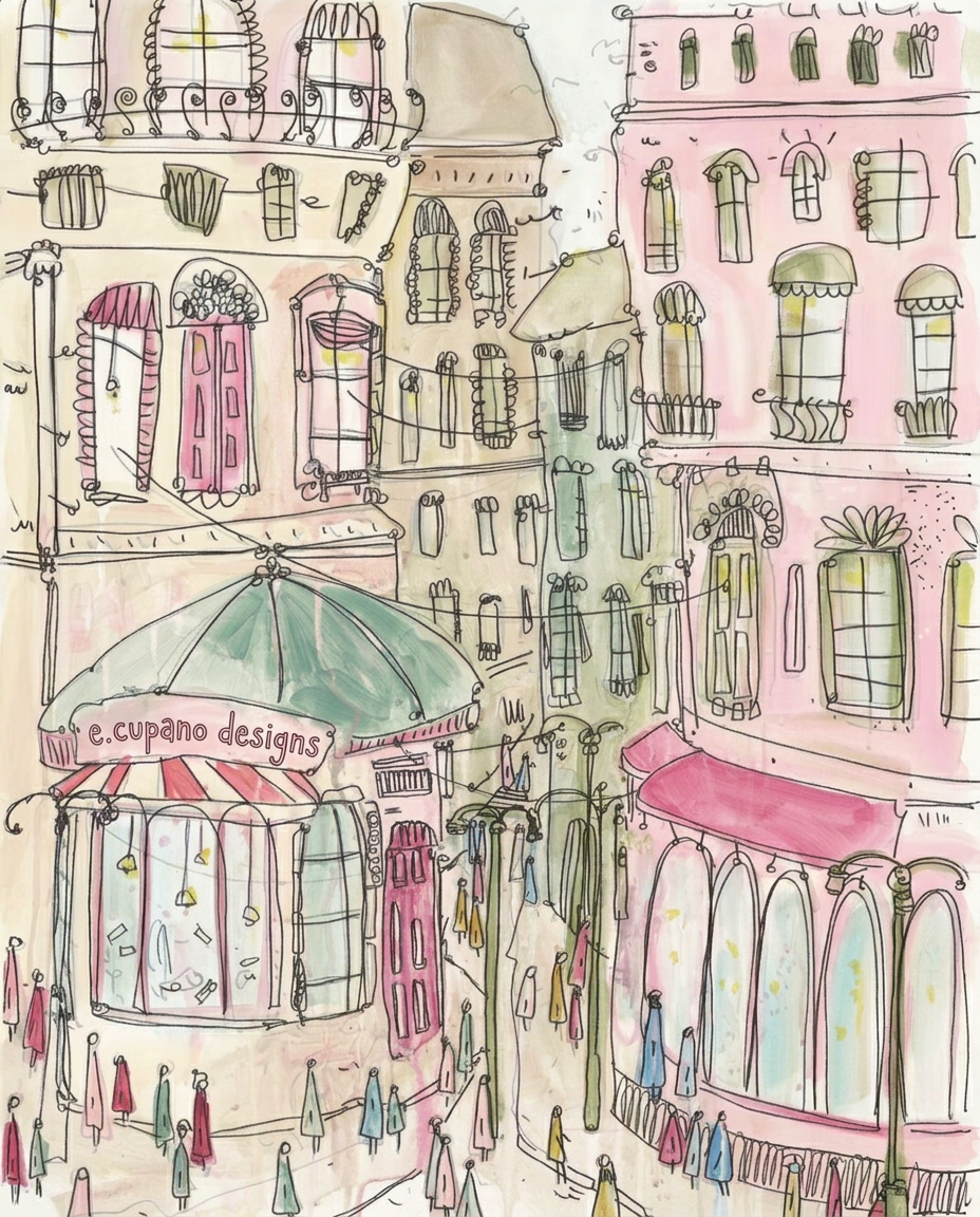 Watercolor street sketch of neighbourhood shops in soft pinks, sage, and cream