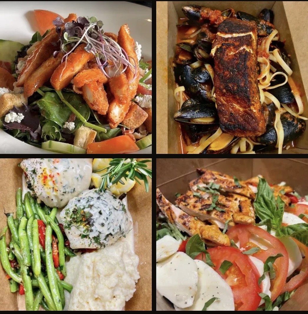 Artisan pizza and fresh salads arranged on a table